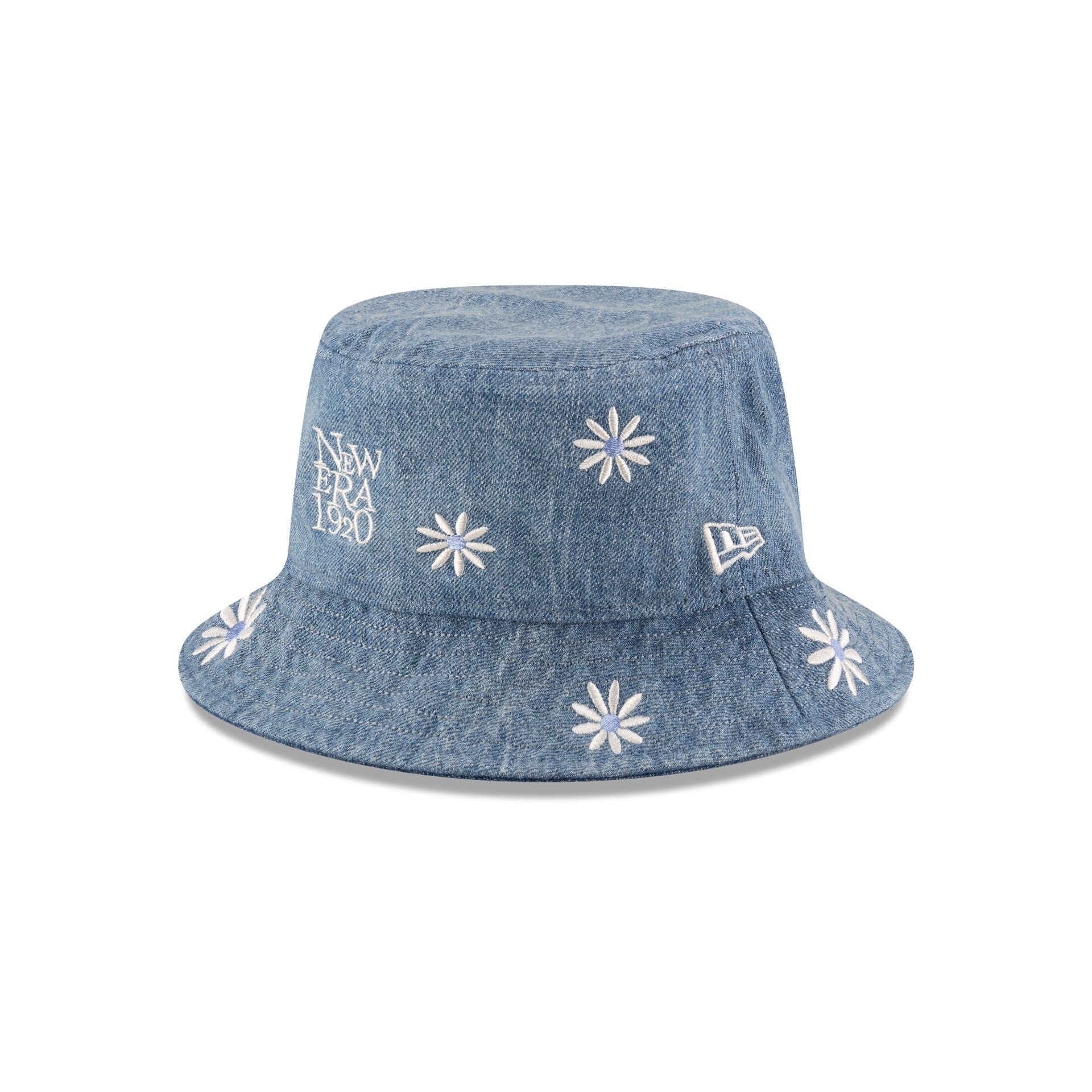 New Era Cap Flower Embroidery Light Denim Bucket Hat