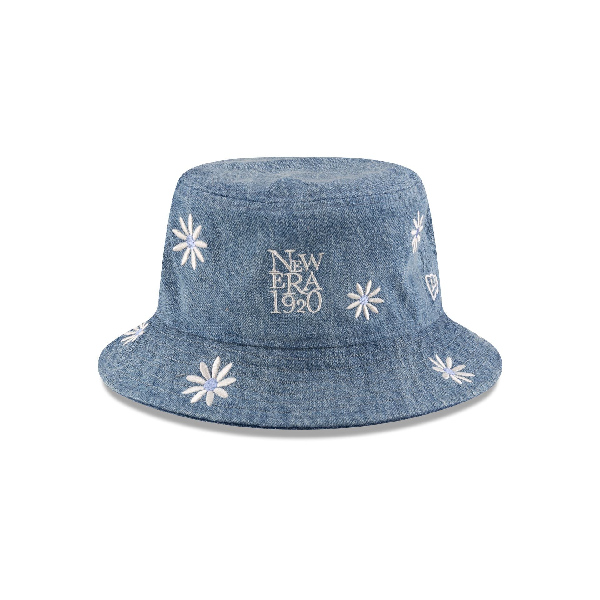 New Era Cap Flower Embroidery Light Denim Bucket Hat