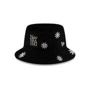 New Era Cap Flower Embroidery Black Denim Bucket Hat