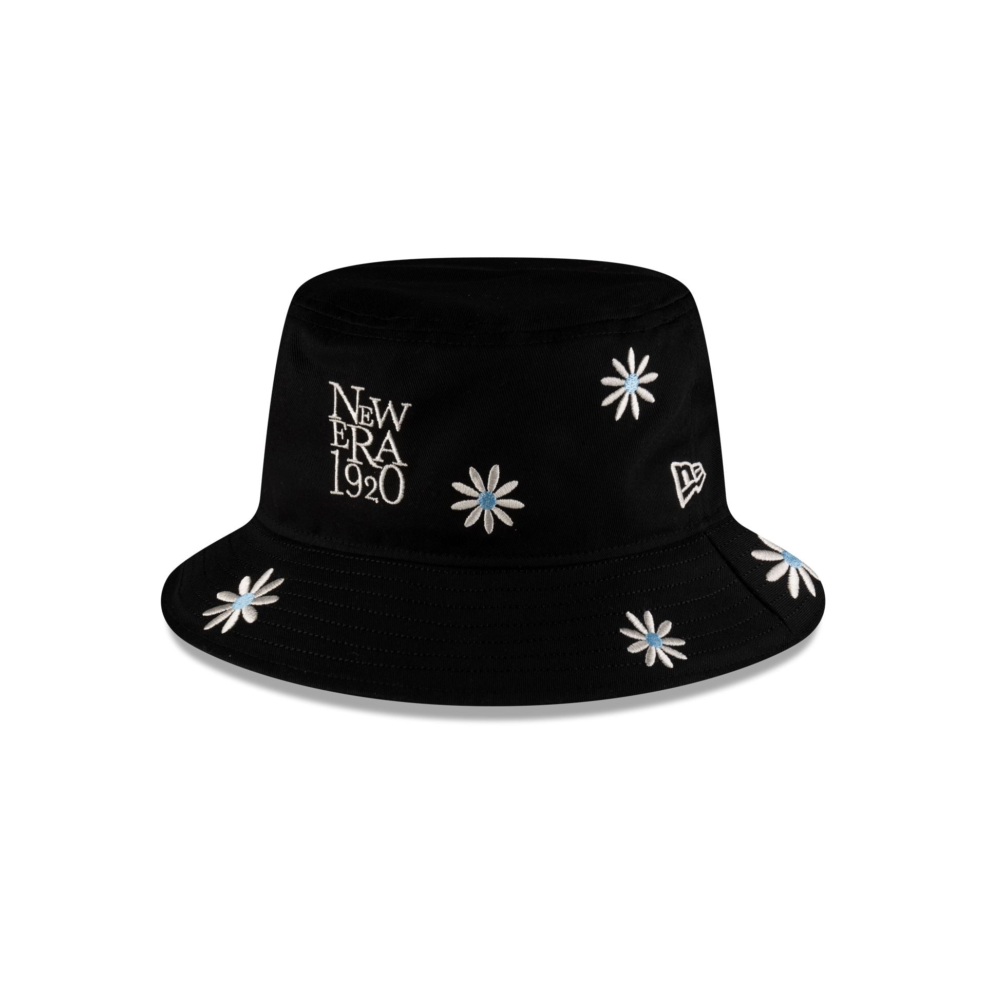 New Era Cap Flower Embroidery Black Denim Bucket Hat