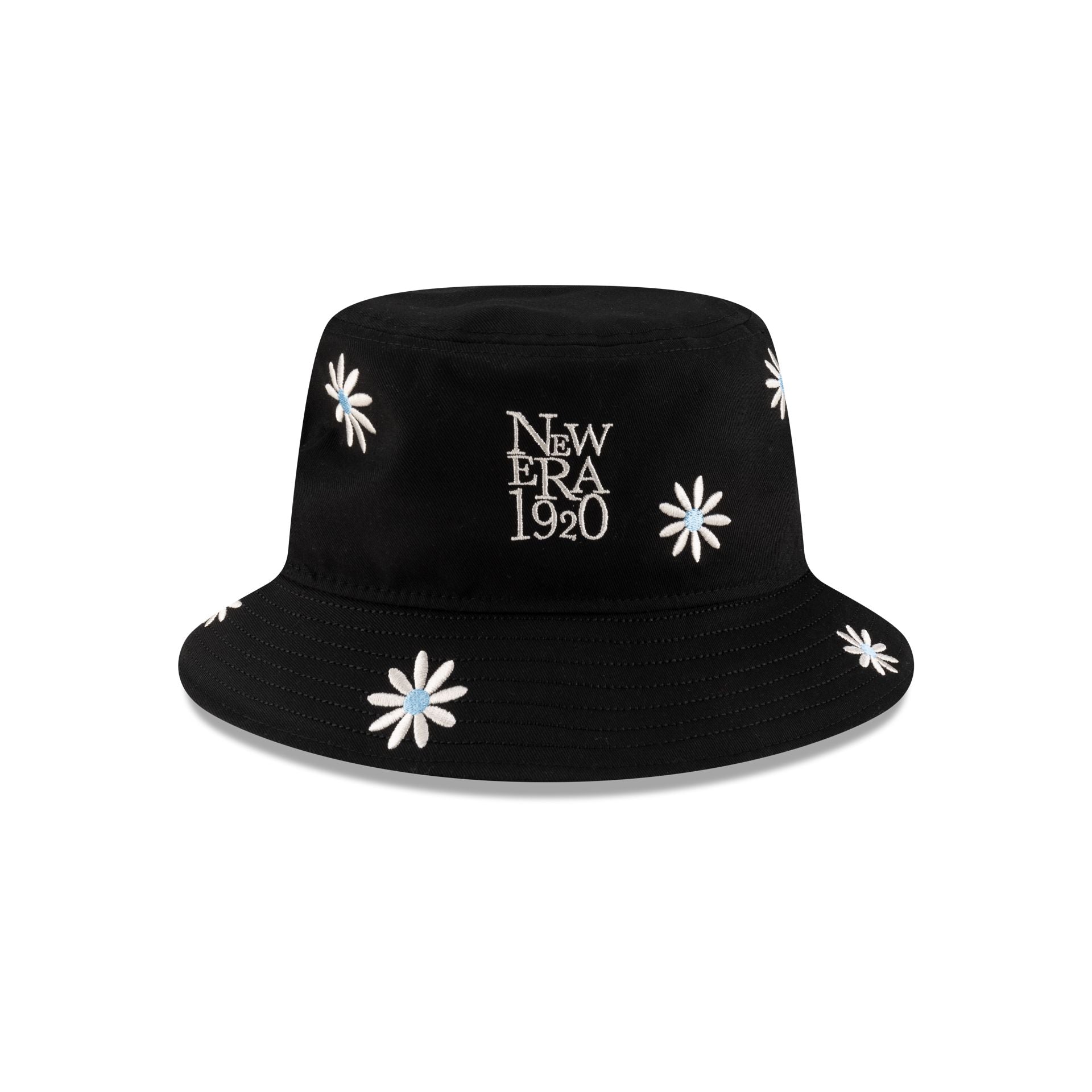 New Era Cap Flower Embroidery Black Denim Bucket Hat