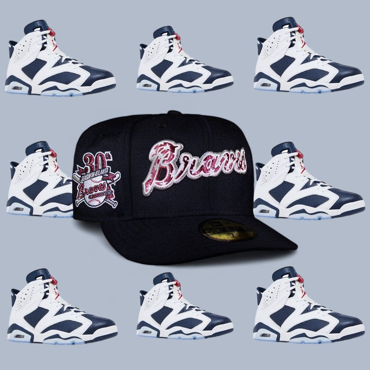 Atlanta Braves All Navy Stars Script Logo Silver outline 30Th