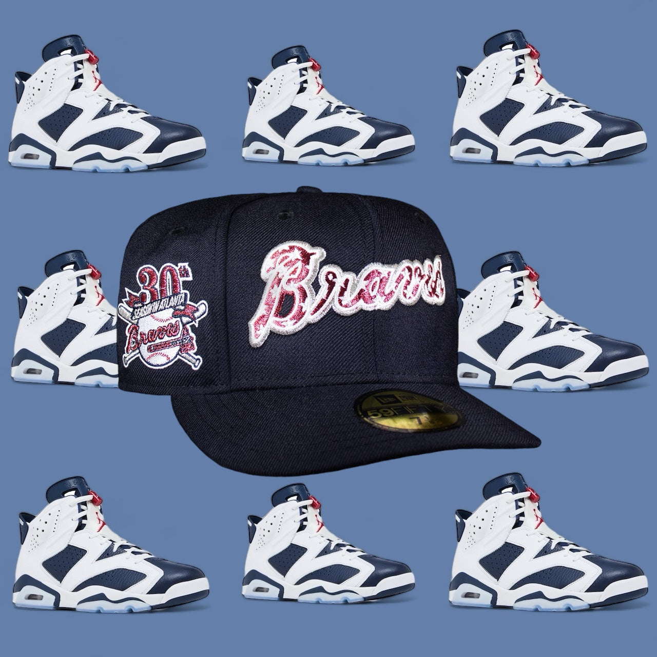 Atlanta Braves All Navy Stars Script Logo Silver outline 30Th